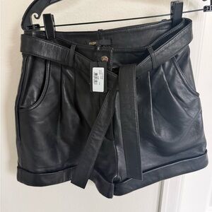Maje Black High-Waist Leather Belted Shorts